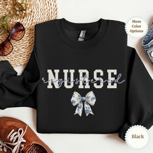 Toile De Jouy Nurse Bow Sweatshirt, Coquette Nurse Shirt, Gift For Nurse, Nurse Ribbon Shirt, Registered Nurse Shirt, Floral Nurse Shirt