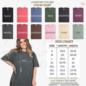 Może przedstawiać: Karta kolor&oacute;w przedstawia r&oacute;żne odcienie koszulek Comfort Colors, w tym czarny, arbuzowy i niebieski dżins. Tabela rozmiar&oacute;w pokazuje wymiary w calach dla koszulki unisex 1717, od S do 4XL. Kobieta prezentuje szarą koszulkę.