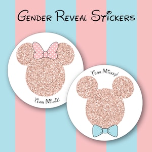 Team Mickey or Team Minnie Rose Gold Glitter Gender Reveal Stickers, Mickey, Minnie, Disney Baby