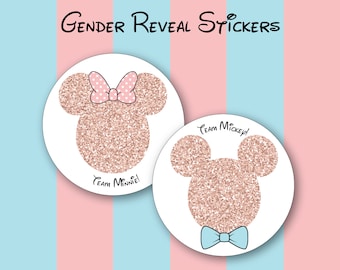 Team Mickey or Team Minnie Rose Gold Glitter Gender Reveal Stickers, Mickey, Minnie, Disney Baby