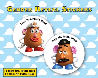 Team Mr. Potato Head or Team Mrs. Potato Head Gender Reveal Stickers, Toy Story, Disney Baby