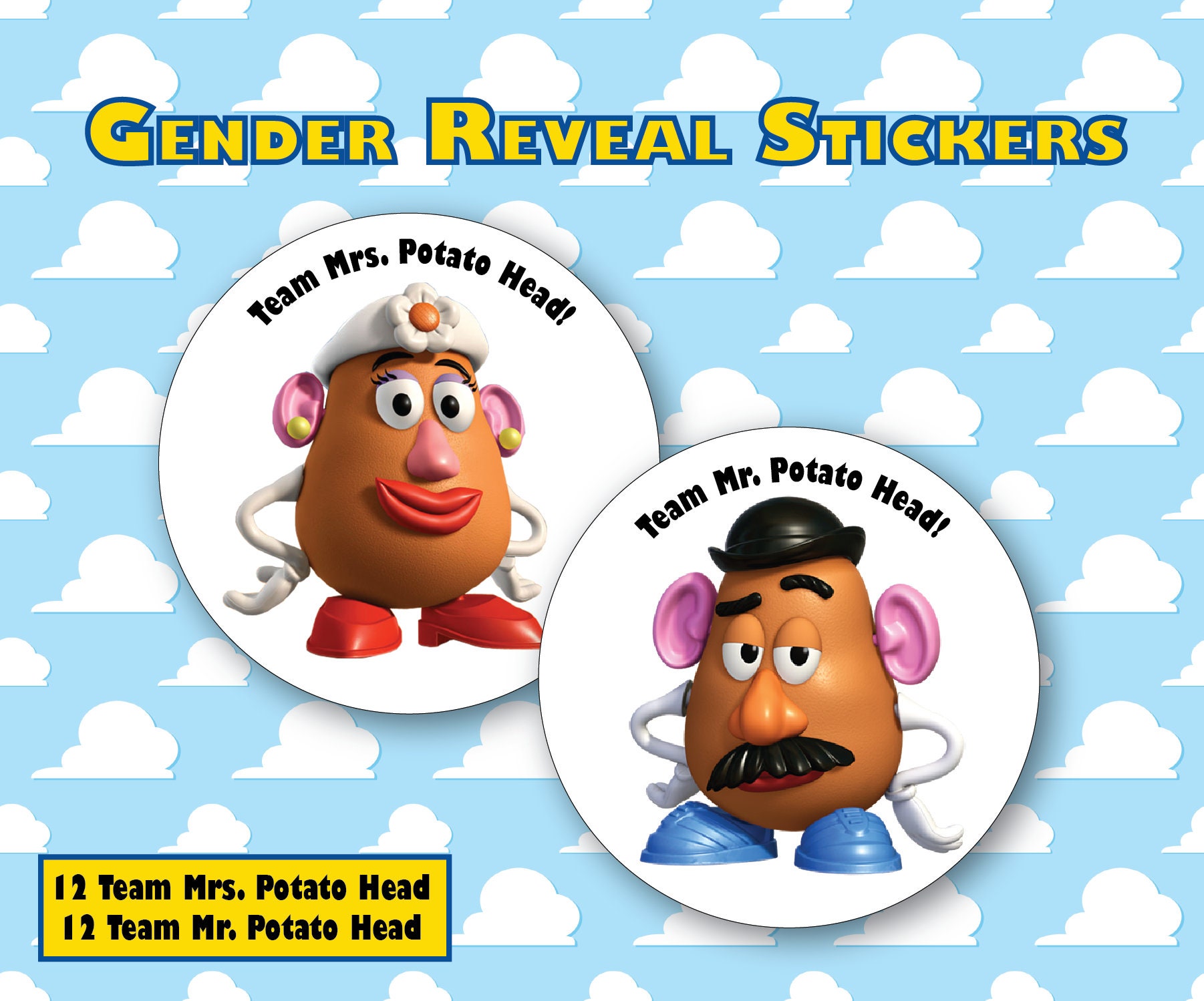 Team Mr. Potato Head or Team Mrs. Potato Head Gender Reveal Stickers, Toy  Story, Disney Baby 