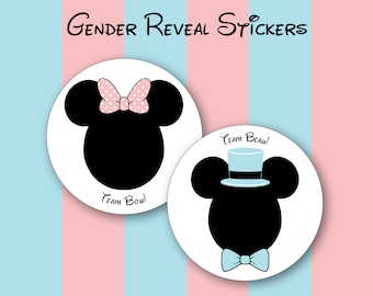 Team Bow or Team Beau Gender Reveal Stickers, Mickey, Minnie, Disney Baby
