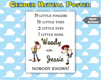DIGITALE Gender Reveal Poster voor Team Woody of Team Jessie - Niemand weet het!