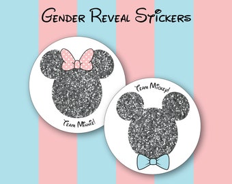 Team Mickey or Team Minnie Silver Glitter Gender Reveal Stickers, Mickey, Minnie, Disney Baby