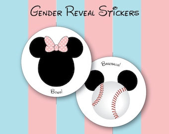 Team Minnie Bows and Team Mickey Baseballs Gender Reveal Stickers