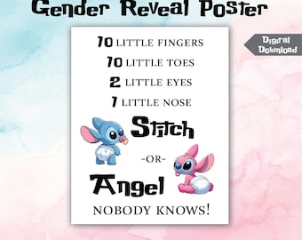 DIGITAL Gender Reveal Poster for Team Baby Stitch or Team Baby Angel - Nobody Knows!