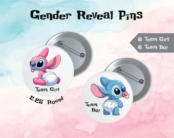 Baby Stitch and Baby Angel Gender Reveal Pins - Team Boy and Team Girl