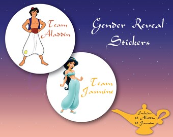 Aladdin and Jasmine Gender Reveal Stickers - Team Aladdin or Team Jasmine