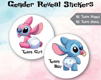 Baby Stitch and Baby Angel Gender Reveal Stickers - Team Boy or Team Girl