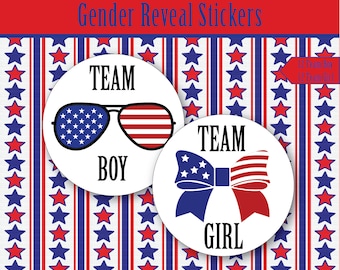 USA Team Boy or Team Girl Gender Reveal Stickers, Red, White and Blue Gender Reveal