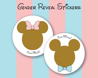 Team Mickey or Team Minnie Gold Gender Reveal Stickers, Mickey, Minnie, Disney Baby