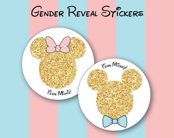 Team Mickey or Team Minnie Gold Glitter Gender Reveal Stickers, Mickey, Minnie, Disney Baby