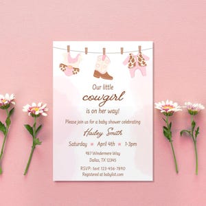 Little cowgirl pink baby shower invitation, editable template digital printable cowgirl boots western rodeo girl baby shower invite