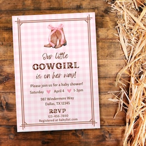 Cowgirl baby shower invitation template girl baby shower invite digital printable pink western rodeo little cowgirl invitation