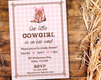 Cowgirl babyshower uitnodiging sjabloon meisje babyshower uitnodigen digitale afdrukbare roze western rodeo kleine cowgirl uitnodiging