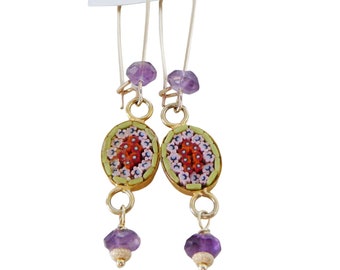 Mosaic Dangle Earrings, Oval, Amethyst Gemstone, Vintage Mosaic, 14kt Gold Filled Bridal Party pink green purple