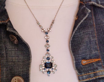 Signed Givenchy Vintage Pendant Necklace with blue rhinestones silvertone