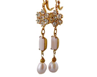 Dangle Earrings, Vintage Rhinestones and Pale Pink German Glass with Freshwater Pearls