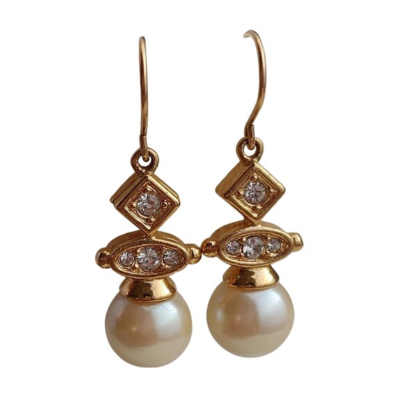 Vintage Signed Swarovski pearl earrings, gold tone - image 8