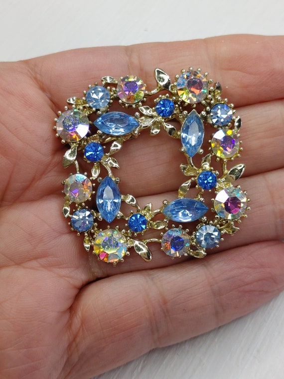 Vintage Rhinestone Brooch, Blue and AB rhinestone… - image 5