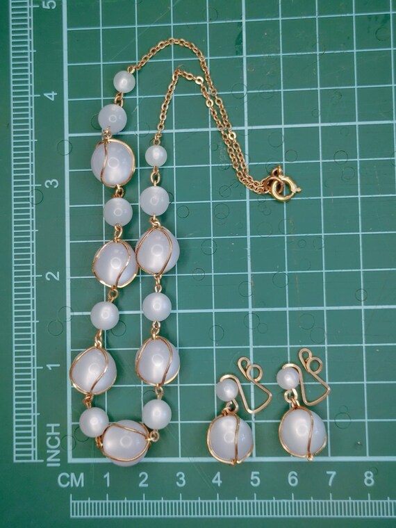 Vintage Moonglow Bead Necklace pale blue gold ton… - image 5