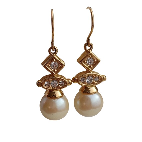 Vintage Signed Swarovski pearl earrings, gold tone - image 1