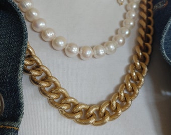 Vintage gold tone Chain Necklace, Large link, circa 1980 s, stack layering