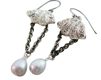 Pearl Dangle Earrings, Vintage Rhinestones, Antiqued Sterling Silver Earwire, Antiqued Chain