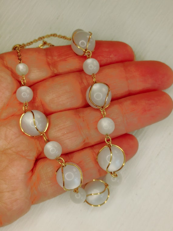Vintage Moonglow Bead Necklace pale blue gold ton… - image 3