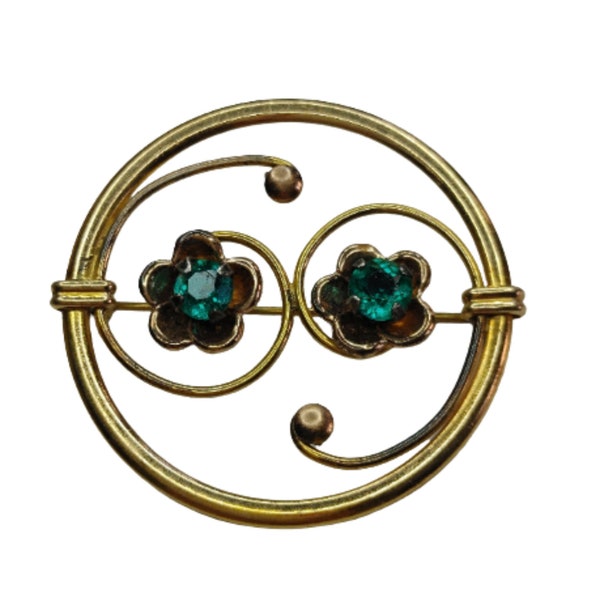 Vintage Harry Iskin brooch 14kt 1/20 GF and sterling silver with green rhinestones, art deco