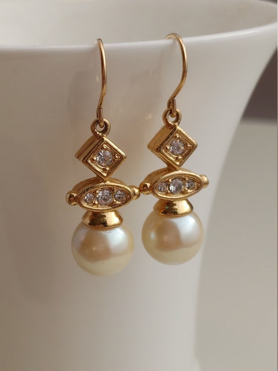 Vintage Signed Swarovski pearl earrings, gold tone - image 2