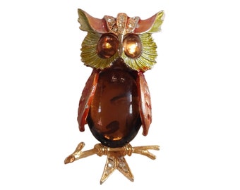 Vintage Signed ART owl Figural brooch, jelly belly goldtone enamel pin Arthur Pepper