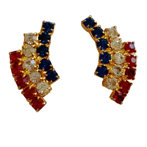 Vintage patriotic rhinestone Clip on earrings, gold tone, red white and blue