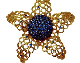 Vintage signed © Coro Brooch blue goldtone star flower rhinestones circa 1960 Collectable