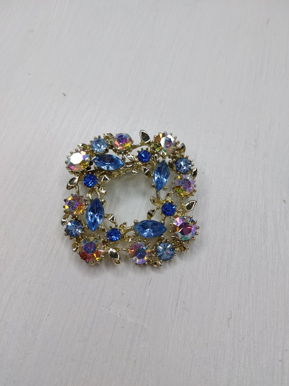 Vintage Rhinestone Brooch, Blue and AB rhinestone… - image 4