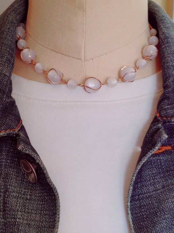 Vintage Moonglow Bead Necklace pale blue gold ton… - image 4