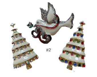 Vintage Christmas Tree brooch and Dove Pin, Goldtone, Silvertone