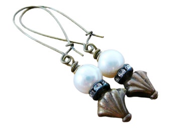 Dangle Earrings, Cream Freshwater Pearls, Brass Fans, Rhinestones, Art Deco style