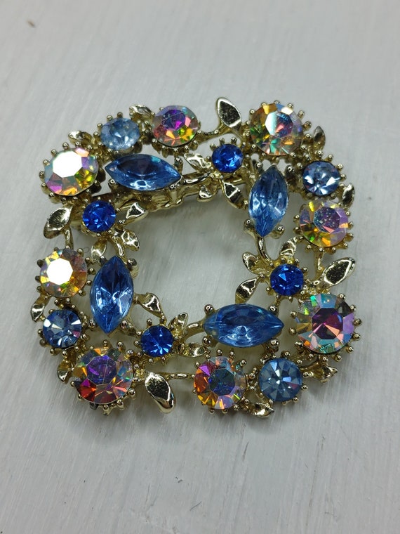 Vintage Rhinestone Brooch, Blue and AB rhinestone… - image 3