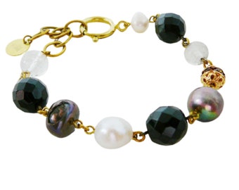 Large Peacock Freshwater Pearl Bracelet, Brass, Clear, Black Faceted Glass