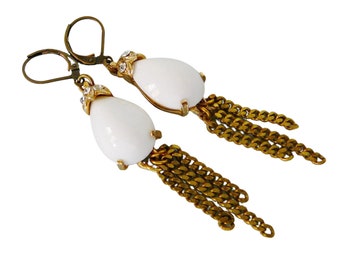 Deco Inspired dangle Earrings vintage parts, Vintage White Glass, Vintage Brass Chain, Tear drop