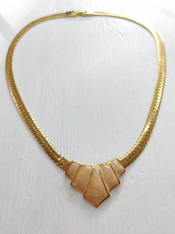 Vintage Signed Napier Necklace, peach resin gold … - image 3