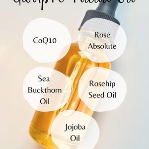 May include: A glass bottle of GloUp 10 Facial Oil with a black dropper cap. The bottle is filled with a yellow oil and has a white label with the text "GloUp 10 Facial Oil" and "Urban Goddess 330". The bottle is surrounded by white circles with the names of the ingredients: CoQ10, Rose Absolute, Sea Buckthorn Oil, Rosehip Seed Oil, and Jojoba Oil.