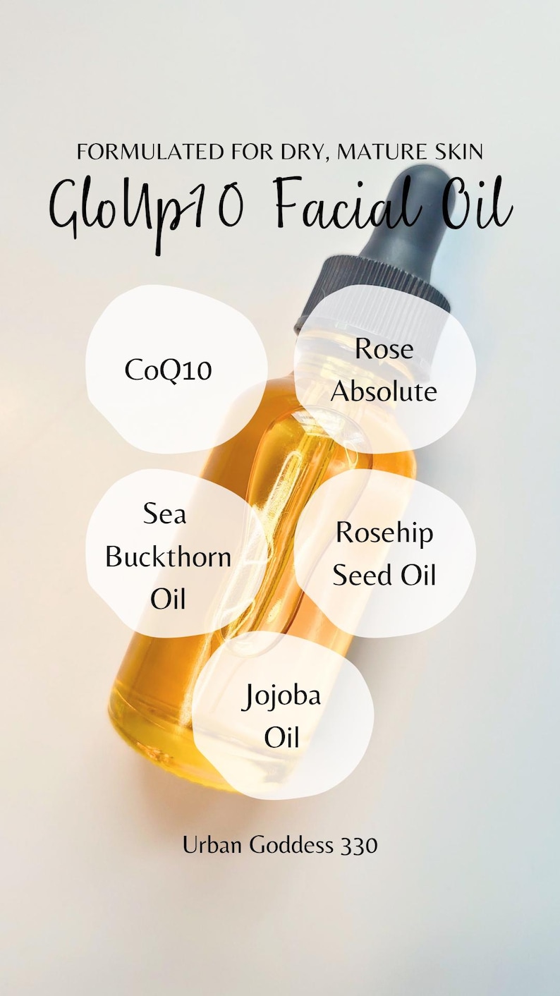 May include: A glass bottle of GloUp 10 Facial Oil with a black dropper cap. The bottle is filled with a yellow oil and has a white label with the text "GloUp 10 Facial Oil" and "Urban Goddess 330". The bottle is surrounded by white circles with the names of the ingredients: CoQ10, Rose Absolute, Sea Buckthorn Oil, Rosehip Seed Oil, and Jojoba Oil.