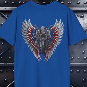 Motorcycle T-shirt: Patriotic motorcycle with red, white and blue angel wings