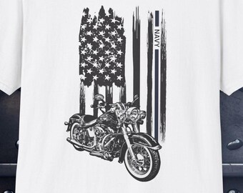 Navy Biker T-shirt| Motorcycle with US flag and Navy stripe| Biker Gifts| Motorcycle Gifts| Biker Shirt