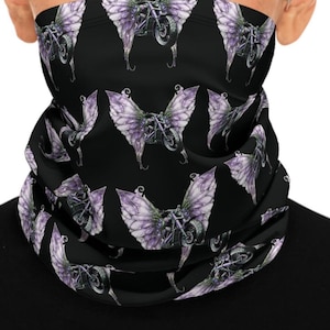 Super Soft, Warm, Motorcycle Neck Gaiter With Drawstring: Motorcycle with purple wings