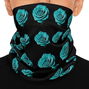 Super Soft, Warm, Motorcycle Neck Gaiter with Drawstring: Blue roses