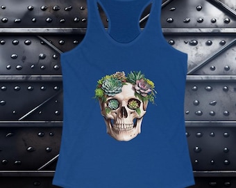 Women's Racerback Biker Tank Top| Skull with Succulents| Motorcycle gifts| Biker Gift for her| Great Christmas Gift